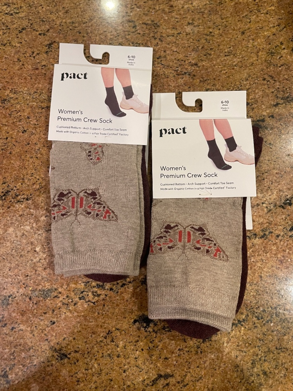 Pact Butterflies Soft Umber  Premium Crew Socks Two Pair NWT!